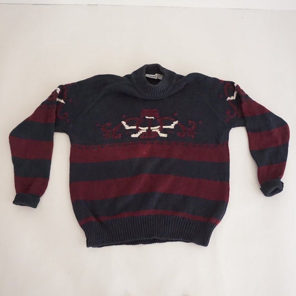 Vintage Cellini Black Burgundy Knit Stripe Horse Equestrian Western Grandma XL